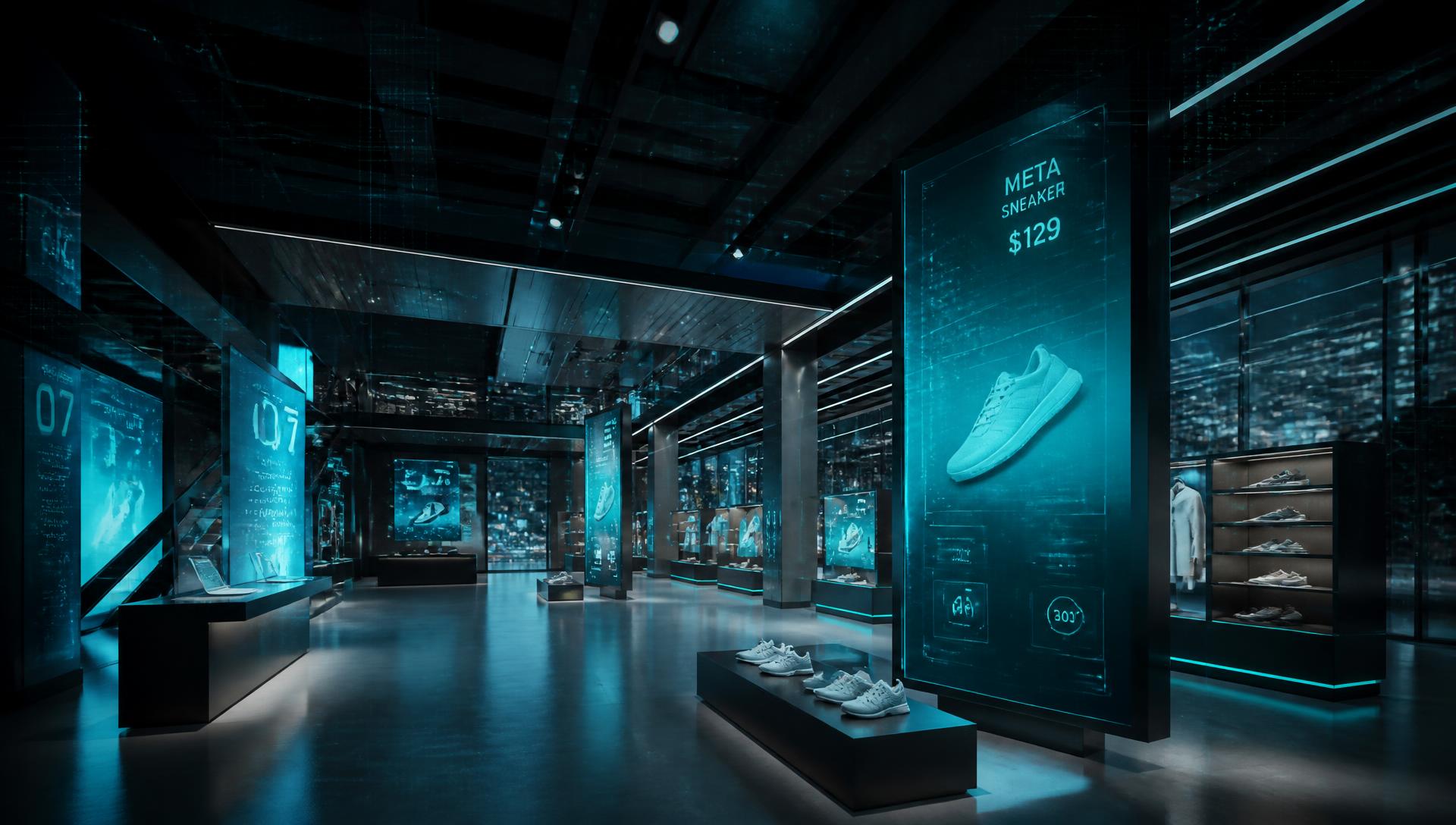 Digitally connected retail space with glowing signage screens